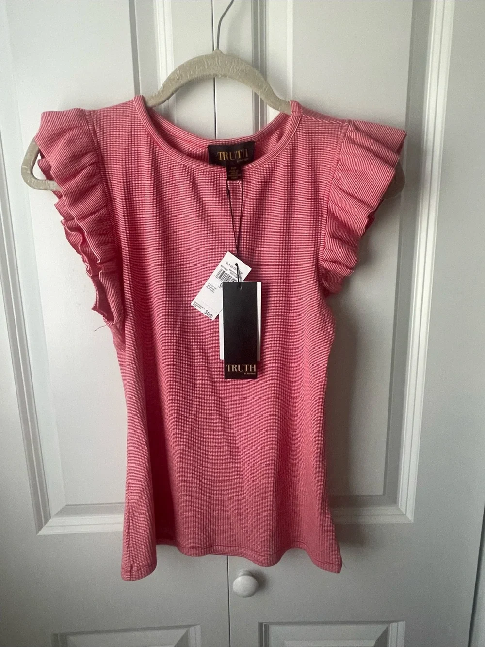 Truth Pink Ruffle Sleeve Ribbed Knit Top - Picture 1 of 8
